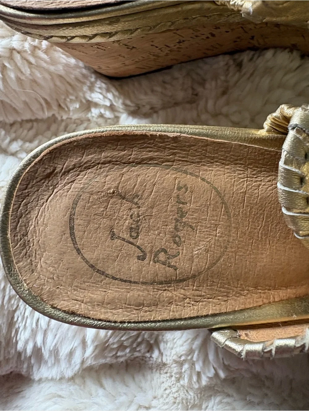 Jack Rogers Gold Wedge Sandals with Whipstitch Floral Appliqué